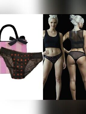 Vtg Y2K Victorias Secret blk mesh red polka dot ruffle sheer panties XL NWOT